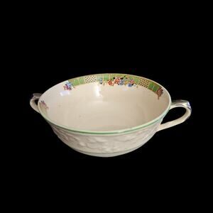 English Brambleberry Handled Soup Cup Floral Green Rim Embossed